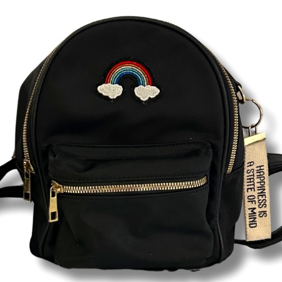 Black Mini Rainbow Emblem Backpack Small Front Zip Pocket With Happiness Tag - Picture 1 of 3